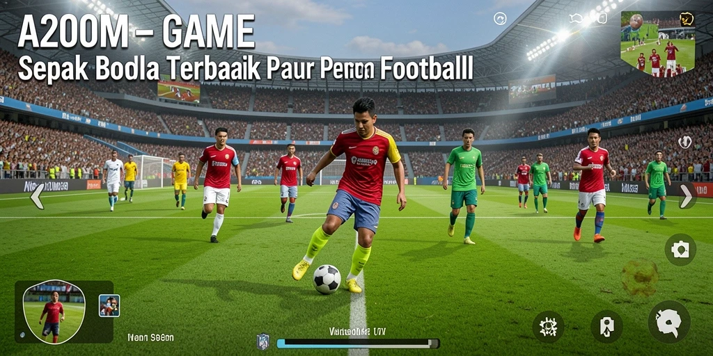 Screenshot A200M menampilkan aksi seru gameplay sepak bola dengan grafis luar biasa.