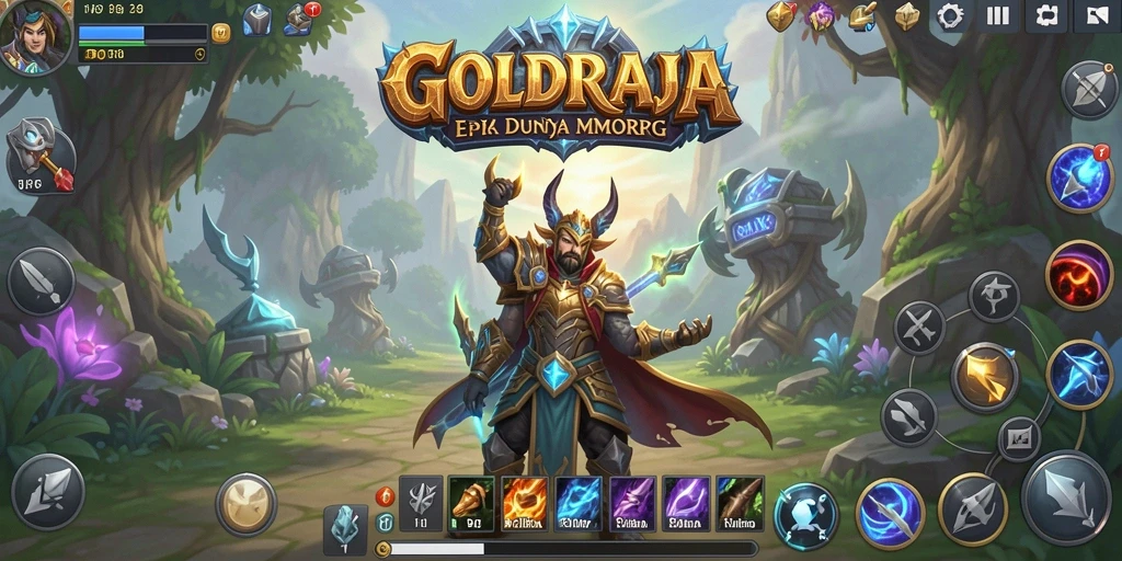 Tangkapan layar dari gameplay <strong>GOLDRAJA</strong> menunjukkan pertarungan epik antara pemain dan monster.