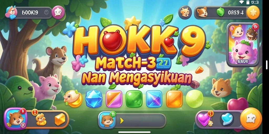Tampilan gameplay HOKI9 dengan grafis match-3 yang cerah.
