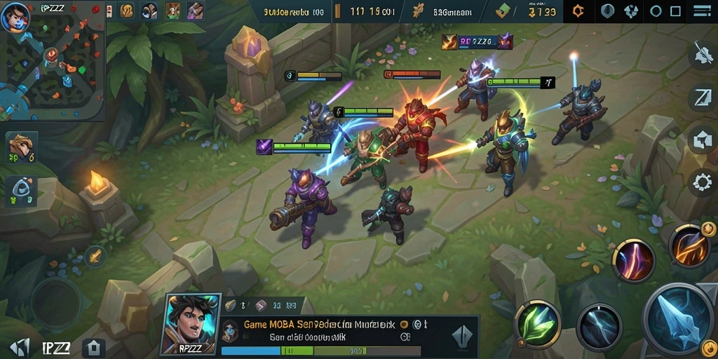 Screenshot RPZZZ menampilkan pertarungan seru di arena MOBA.