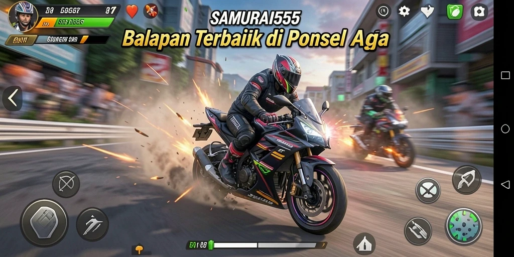 Screenshot gameplay menampilkan balapan motor yang mendebarkan dalam SAMURAI555.