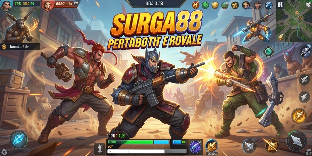 Screenshot permainan <strong>SURGA88</strong> menunjukkan aksi menegangkan dalam pertempuran Battle Royale.