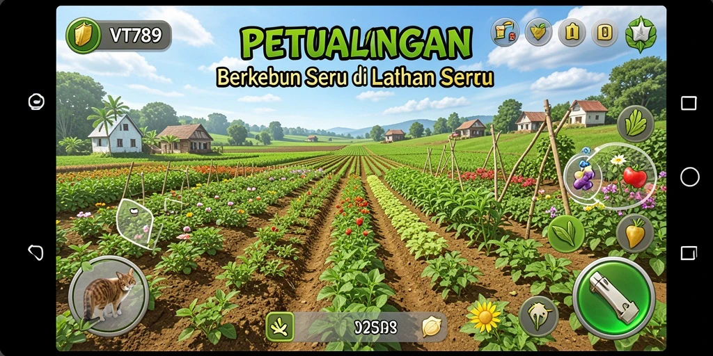 Gameplay seru bertani dengan berbagai tanaman dan alat.